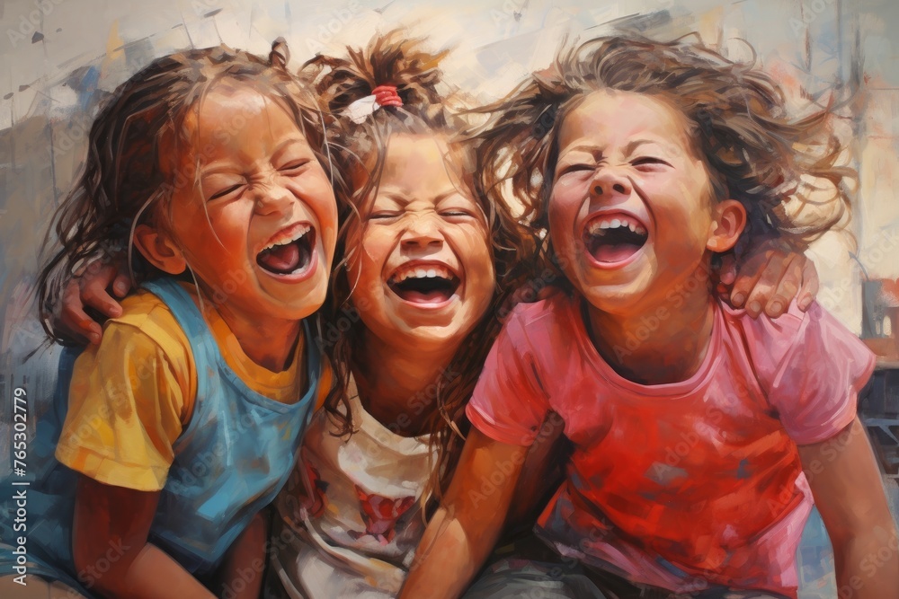 Laughing children, girls, laughing together contagiously. A celebration of laughter. April Fools Day - obrazy, fototapety, plakaty 