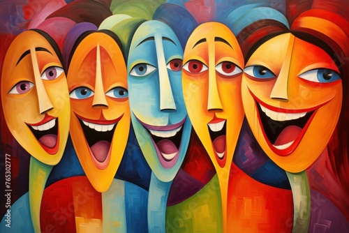 Laughing buddies, group of friends laughing together, their faces filled with joy and mirth. Сreative illustration. A celebration of laughter. April Fools Day 
