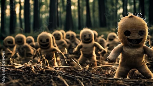 A line of one-eyed dolls stares out from within a dimly lit forest.
 photo