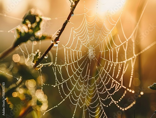 A close-up of dewdrops on a spiderweb shimmering in the morning light