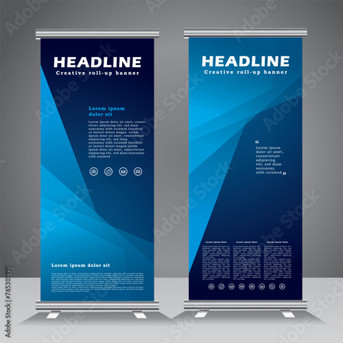 roll up banner design and vector template. blue color  banner design, standee banner design, vertical banner, x-banner, standee template. pull up banner, Brochure, Flyer. abstarct vector illustration