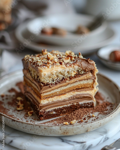 Close-up of a hazelnut cake slice with a layered interior that mimics geological strata for Hazelnut Cake Day - earthy tones