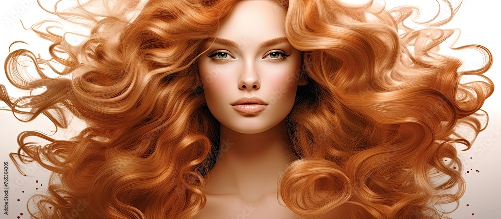 Fototapeta premium Capture the essence of a close-up image featuring a woman with eye-catching lengthy red hair, set against a simple white backdrop