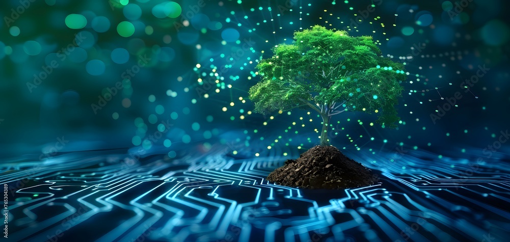 Tree with soil growing on the converging point of computer circuit board. Blue light and wireframe network background. Green Computing, Green Technology, Green IT, csr, and IT ethics Concept. - obrazy, fototapety, plakaty 