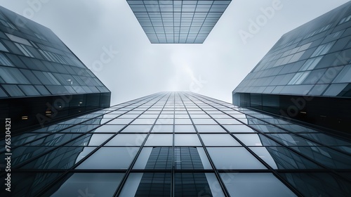 Looking up gray modern office building