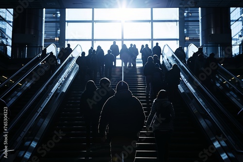 silhouette of crowded people walking up and down the stairs