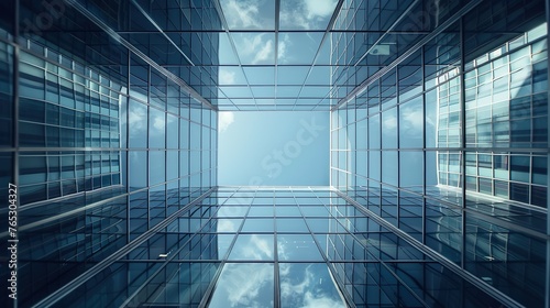 Looking up gray modern office building