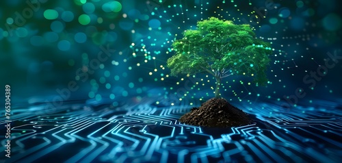 Tree with soil growing on the converging point of computer circuit board. Blue light and wireframe network background. Green Computing, Green Technology, Green IT, csr, and IT ethics Concept. © Lucky Ai