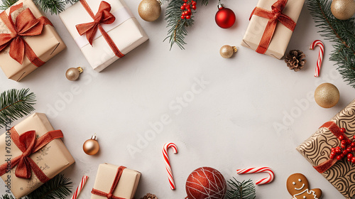 Magic of Christmas and New Year's awaits, featuring top-down view of presents, baubles, gingerbread man decor, jingling bells, small wreath, candy canes, fir twigs on light backdrop text or ad space. photo