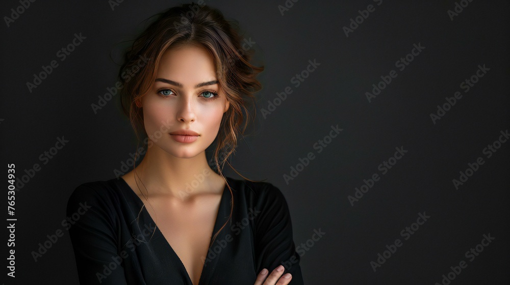 A woman with long brown hair and a black dress is standing in front of a dark background. She has her arms crossed and is looking straight ahead A woman with long brown hair and a black dress is standing in front of a dark background. She has her arms crossed and is looking straight ahead