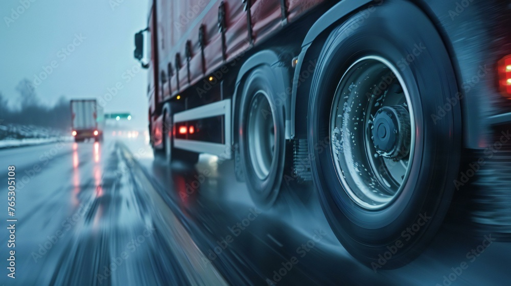 A truck is driving down a wet road with its headlights on. The truck is the main focus of the image, and the wet road and headlights create a mood of caution and potential danger