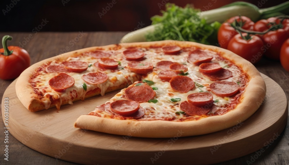 Cheesy Pepperoni Pizza Pull with vegetables served in a restaurant