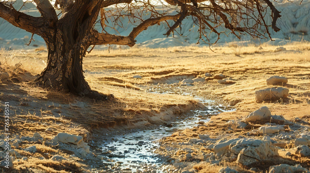 A tree is in the foreground of a dry, barren landscape. The tree is surrounded by rocks and dirt, and there is a small stream running through the area. The scene is desolate and quiet A tree is in the foreground of a dry, barren landscape. The tree is surrounded by rocks and dirt, and there is a small stream running through the area. The scene is desolate and quiet