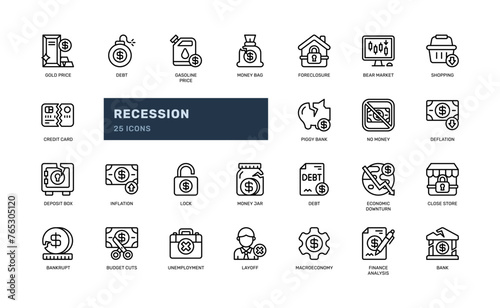 recession money global economy downturn crisis finance detailed outline line icon set