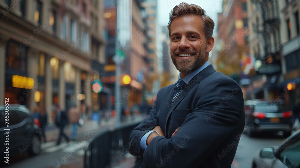 A man in a suit is smiling and posing for a picture in a city street. Concept of confidence and professionalism, as the man is dressed in a business suit and he is in a busy urban environment A man in a suit is smiling and posing for a picture in a city street. Concept of confidence and professionalism, as the man is dressed in a business suit and he is in a busy urban environment