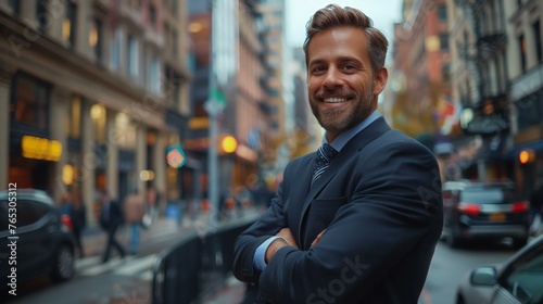 A man in a suit is smiling and posing for a picture in a city street. Concept of confidence and professionalism, as the man is dressed in a business suit and he is in a busy urban environment