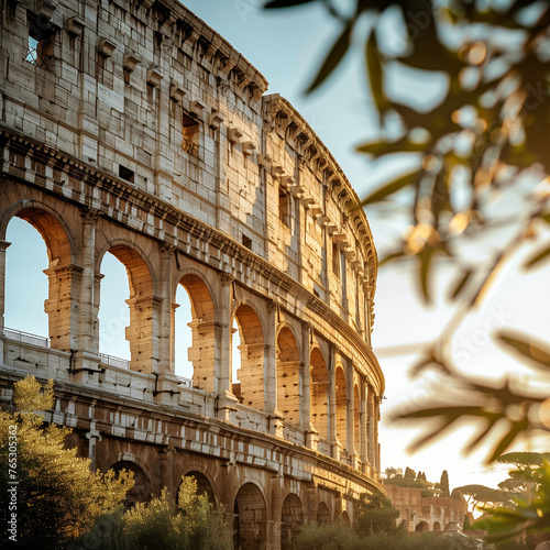 Sunset View of the Colosseum in Rome Surrounded by Greenery