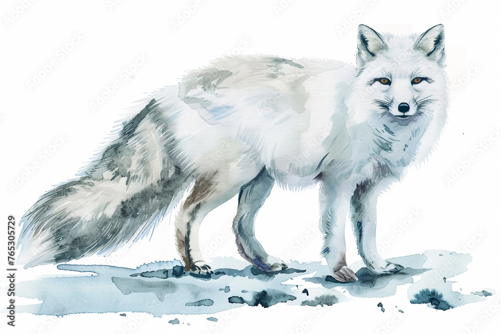 A Arctic fox cute hand draw watercolor white background. Cute animal vocabulary for kindergarten children concept.