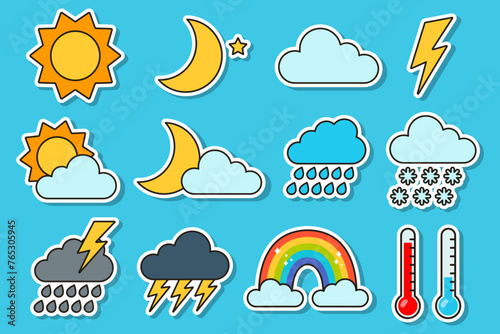 Weather stickers set. Flat illustration of thundercloud, clouds and snow, sun and moon