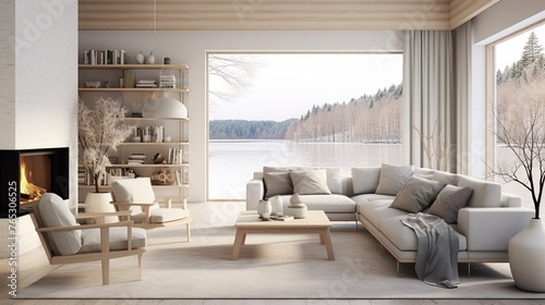 Interior composition of modern trending living room inspired by aesthetic palette 