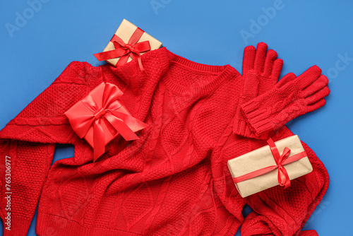 Stylish red sweater, gloves...