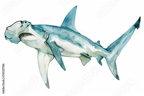 A Hammerhead shark cute hand draw watercolor white background. Cute animal vocabulary for kindergarten children.