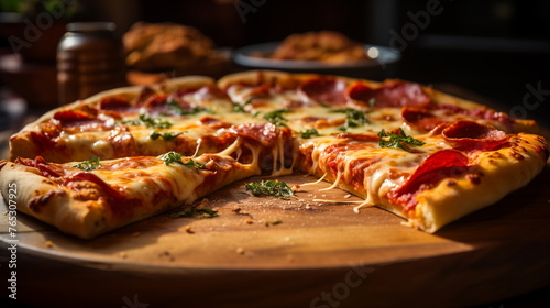 Wallpaper Mural Sliced Pizza with melted cheese and basil on a wooden board. Italian cuisine and fast food concept. Design for restaurant menu, food blog. Torontodigital.ca