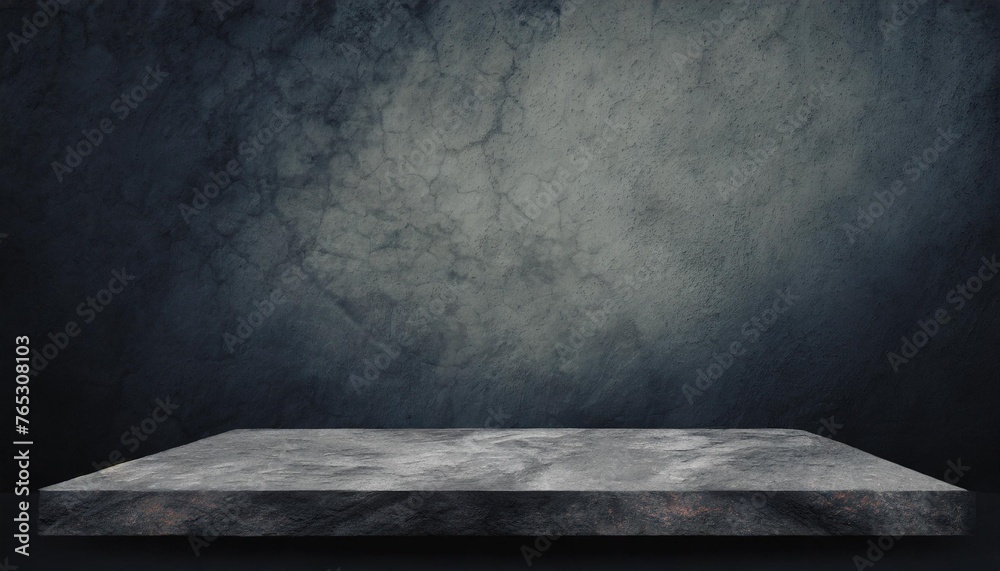 empty top stone shelves with grunge dark cement or concrete wall texture background counter for display or montage of product - obrazy, fototapety, plakaty 
