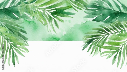 watercolor of green floral banner with palm leaves on background