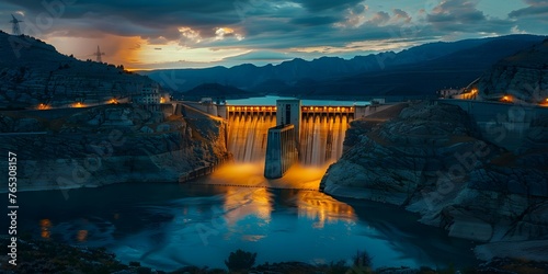 Nighttime photo of hydroelectric dam with illuminated turbines showcasing continuous clean energy generation. Concept Clean Energy, Night Photography, Hydroelectric Power, Illuminated Turbines