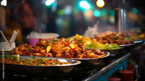 Street food festival. Grilled chicken served in a pan at a street food market with steaming vegetables and sauces. Night market and outdoor dining concept.