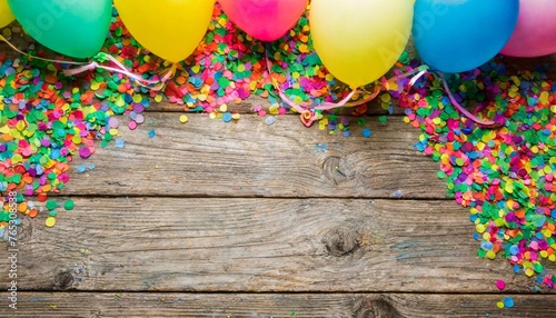 a wooden background in which colored confetti is tied to colorful balloons