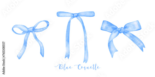 set of Trendy Blue Coquette ribbon bow Watercolor hand painting soft pastel