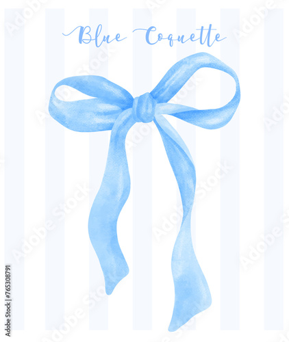 Trendy Blue Coquette ribbon bow Watercolor hand painting soft pastel