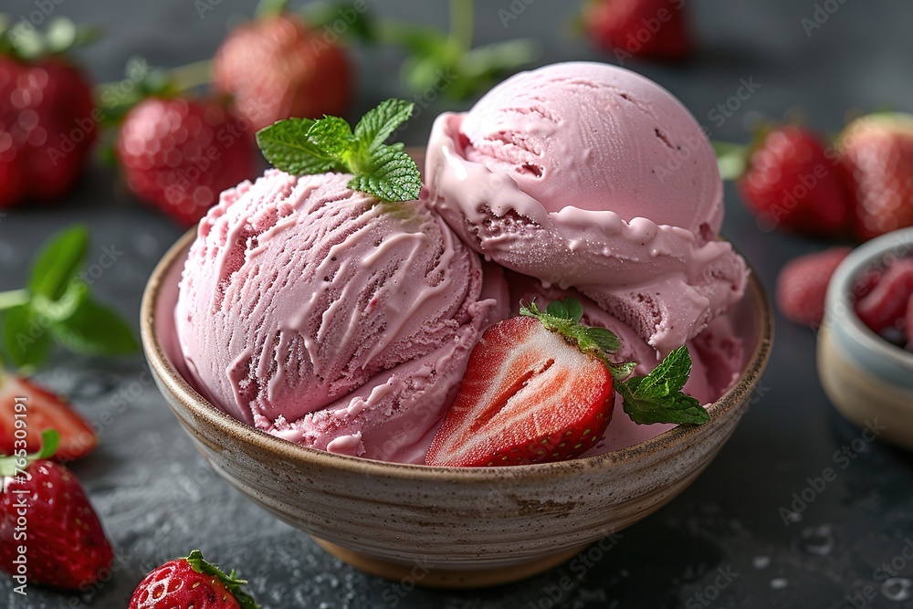Strawberry ice cream in white bowl close up Strawberry ice cream in white bowl close up