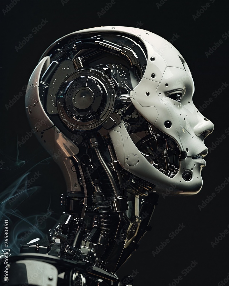 Photo of an AI robot head with black background, looking up and down to the right, in a black studio - obrazy, fototapety, plakaty 