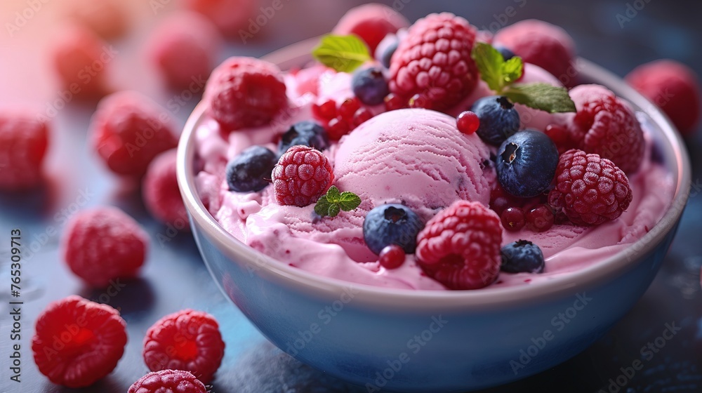 Vanilla ice cream scoops with fresh berries on the concrete dark background Vanilla ice cream scoops with fresh berries on the concrete dark background