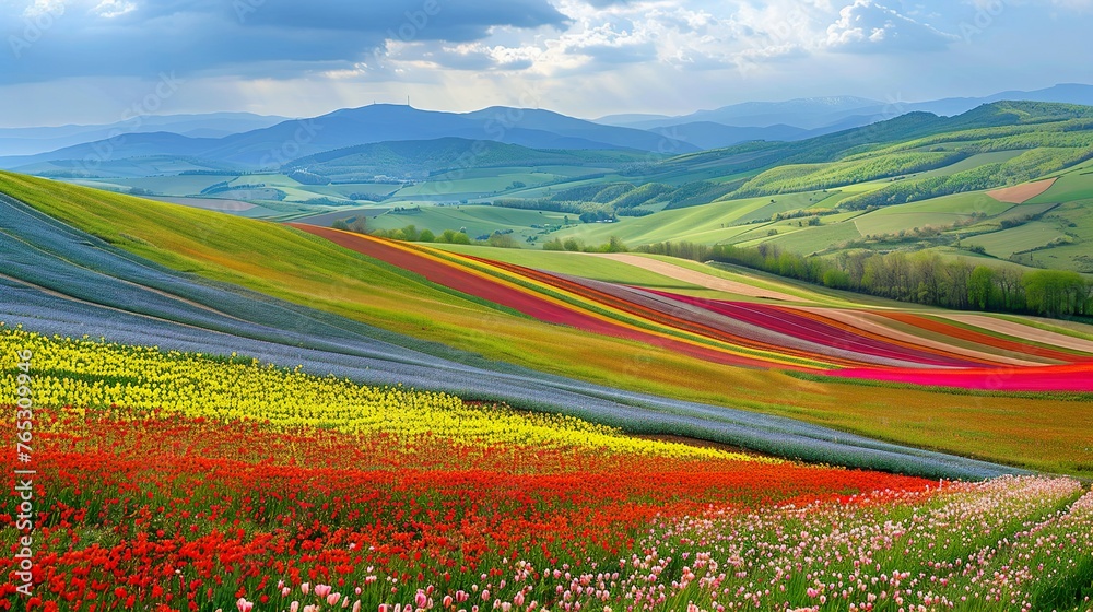 A patchwork of colorful fields in bloom, creating a mosaic of agricultural beauty