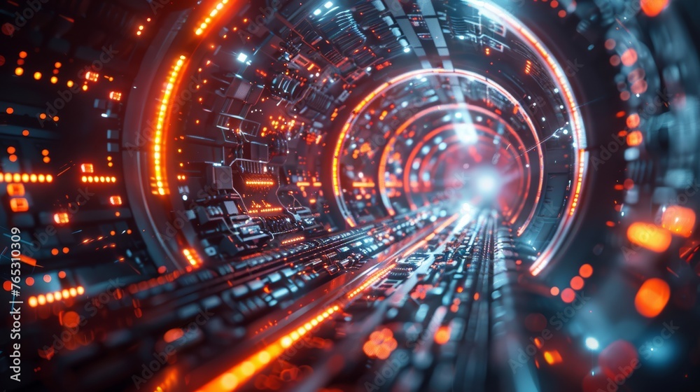 A maze of twisted cables and wires leading to a glowing data core at the center A maze of twisted cables and wires leading to a glowing data core at the center