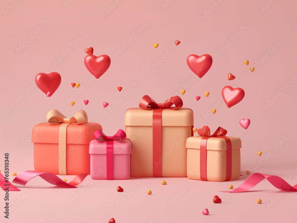 Love heart and gift box concept illustration for Valentine's Day, Valentine's Day scene background for promotion Love heart and gift box concept illustration for Valentine's Day, Valentine's Day scene background for promotion