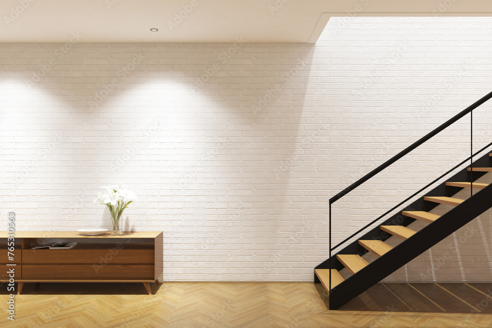 3d rendering interior of stairway entrance with credenza, plant and