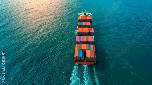 Aerial view container cargo ship, import export commerce business trade logistic and transportation of International by container cargo ship boat in the open sea, Freight shipping maritime. © Lucky Ai