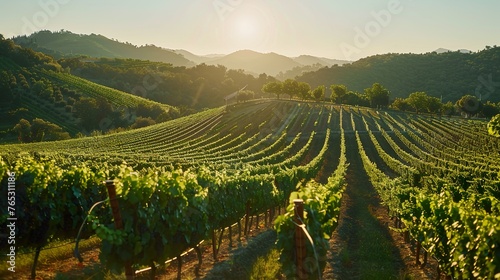 A sun-drenched vineyard with rows of grapevines stretching across sloping hillsides photo