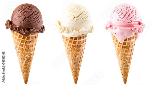 Variety of ice cream scoops in cones with chocolate, vanilla and strawberry © Vasiliy