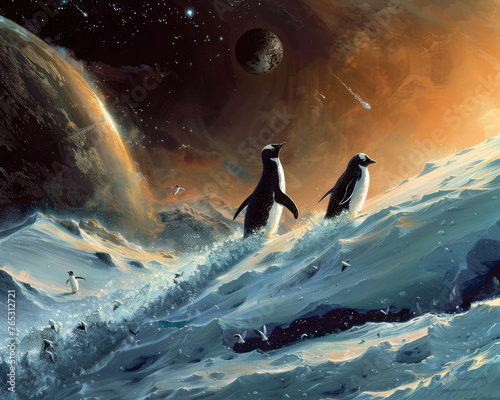 Penguins sliding on icy comets as they journey through the cold regions of space