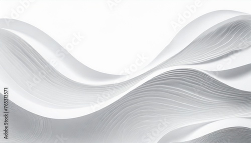 minimalistic abstract background with white 3d paper waves banner with white glossy soft wavy embossed texture isolated on white background horizontal poster with copy space for text