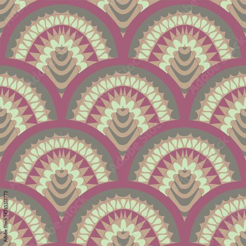 Scallop Seamless Design of Abstract Geometric Shapes in Mauve, Brown and Greens