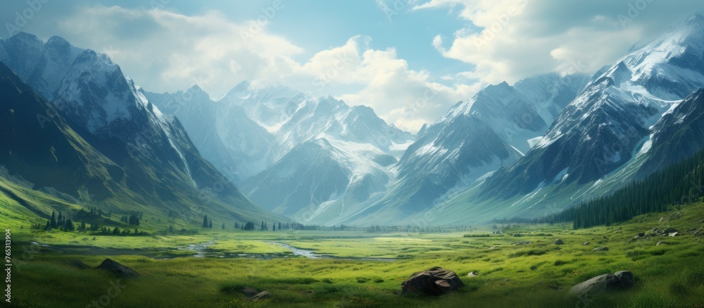 Capture of majestic mountains surrounding a lush valley with a river meandering through the center