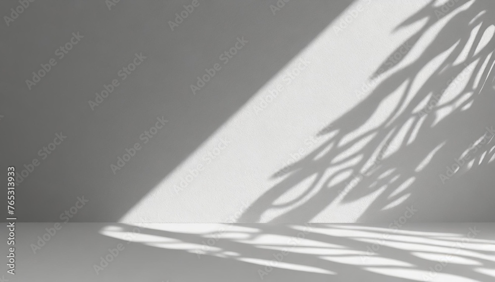 a light gray wall with a smooth floor and a beautiful openwork shadow minimalistic background for presentation - obrazy, fototapety, plakaty 