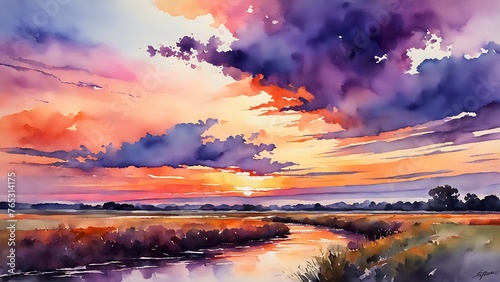Beautiful sunset over the river. Colorful watercolor illustration.